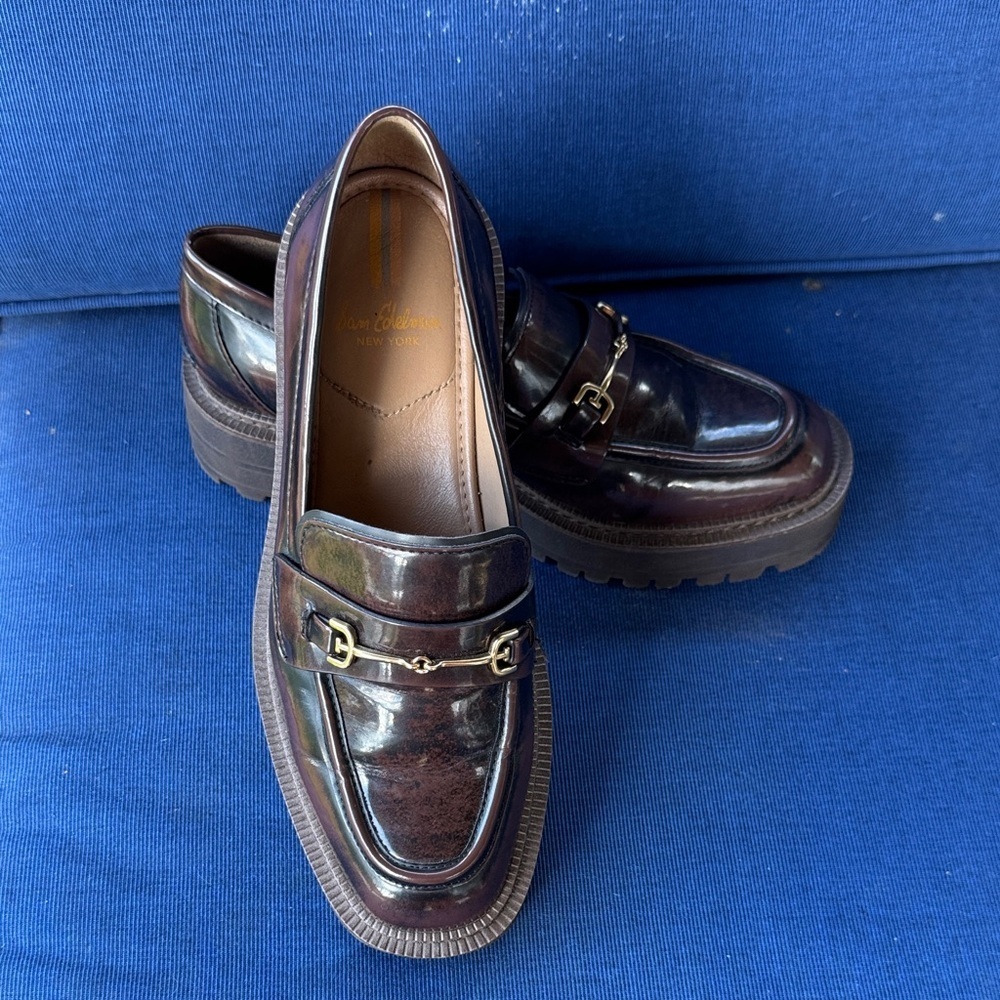 Sam Edelman Shiny Brown Loafers with Gold Accent